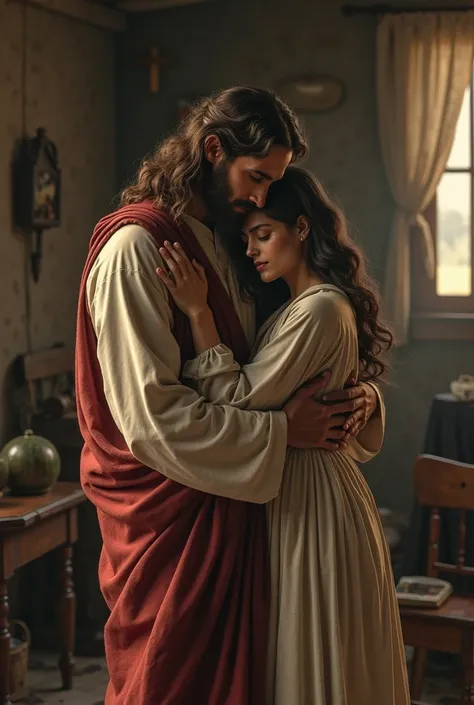 Jesus Christ holding a female in his arms background inside house 