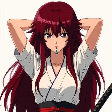 Anime Solo, 1girl, long hair, dark red hair color, "V" shaped hair bangs, Katana behind his shirt, Wearing Kenshin samurai clothes, woman, Breasts, Whistle, both hands behind your head 