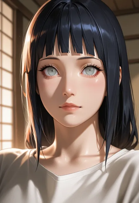 masterpiece, best quality, vibrant, very aesthetic, high contrast, photorealistic portrait,beautiful detailed face,detailed texture,detailed skin, newest, 1girl,naruto,source_naruto,hyuga hinata,shirt,room
