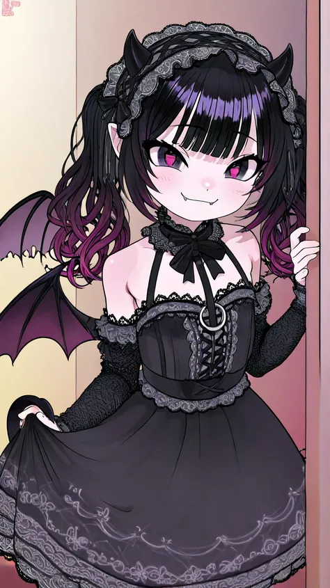 neko, toddler, girl, gothic, demon, demon tail, demon wings, full body