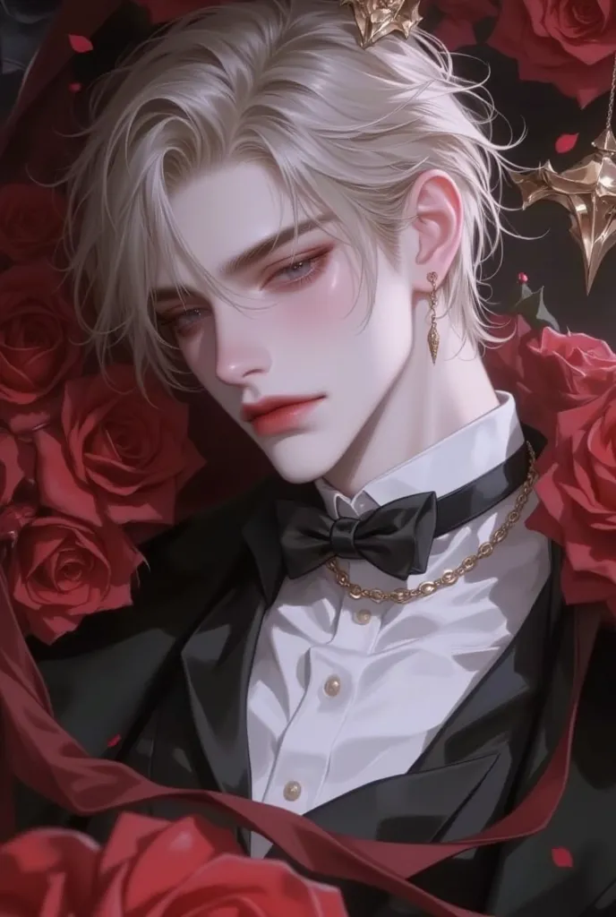 A beautiful villain man who fell into darkness in an animated illustration、Dark King 、 beautiful and handsome 、  bright background  、 colorful background 、hope、good night、 kindness 、light、 expressionlessで睨む、 Black Rose 、僕は君をgood nightしてるよ、20 years old、 exp...