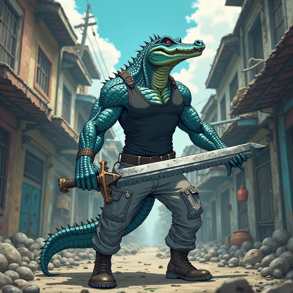 an alligator man with blue skin,  piercing eyes ,  He wears a black tank , gray pants , And a brown boot. he's using a giant sword with teeth. he's in a favela, screenshoot, screencap, anime