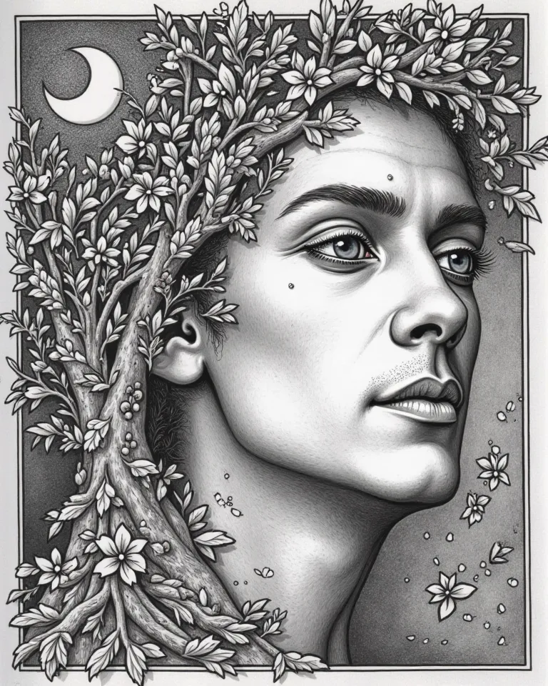 
/coloring page prompt:uncolored coloring page,a painting of a man's face with a tree and moon in the background, psytrance artwork, 🪔 🎨;🌞🌄, michael page, shamanistic clothes, !!natural beauty!!, beautiful avatar pictures, imagination cosmic dream, the bod...