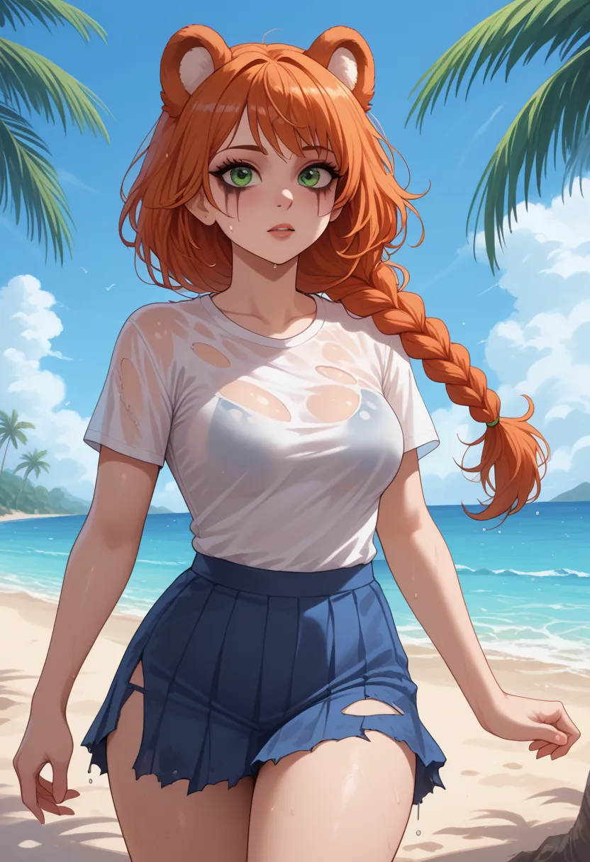 (Masterpiece) (High Detail) (High Res) A short curvy slim Humanoid red_panda Female with tanned human skin and bright green eyes and long braided orange hair and fluffy orange red_panda ears and a long fluffy red_panda tail and medium breasts. She is crawl...