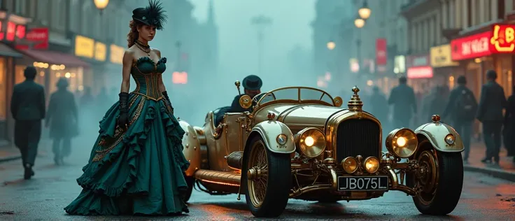 An elegant young woman in a Victorian dress detailed with corset and feather hat, standing next to a retrofuturistic car with steampunk design (polished brass, large wheels,  neon lights), misty background of a London street at dawn, shades of sepia mixed ...