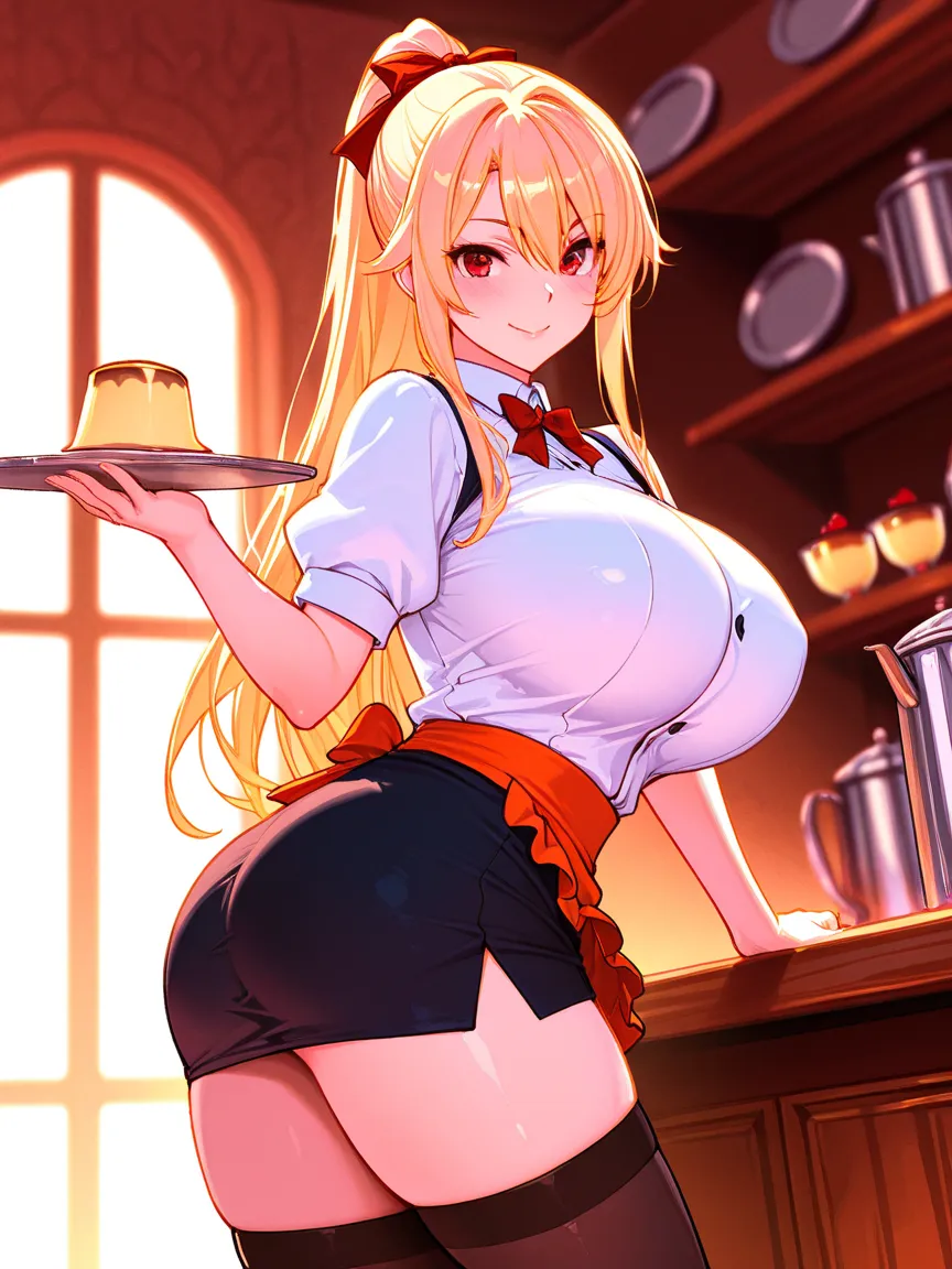 8k,masterpiece, best quality, ultra detailed, high resolution, super fine illustration,1girl, solo, smile,red eyes, blonde hair, long hair, ponytail, huge breasts, waitress uniform, miniskirt, thighhighs, holding trey, (pudding a la mode) on the trey,looki...