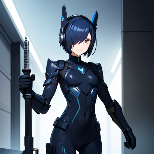  dark blue hair ， short hair，neutral， boyish ， hide one eye ，slender，Also々Funny Face，powered suit，Reinforced suit ，black suit，Mechanical，sci-fi， black sleeveless coat ，With sword， headgear ， headphones ，small breasts，small breasts，flat chest，is tall， sligh...