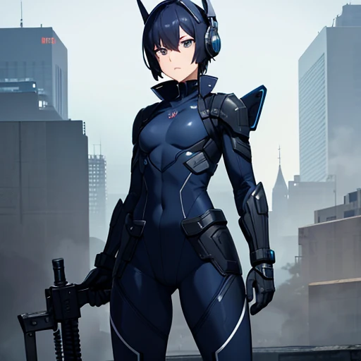  dark blue hair ， short hair，neutral， boyish ， hide one eye ，slender，Also々Funny Face，powered suit，Reinforced suit ，black suit，Mechanical，sci-fi， black sleeveless coat ，With sword， headgear ， headphones ，small breasts，small breasts，flat chest，is tall， sligh...