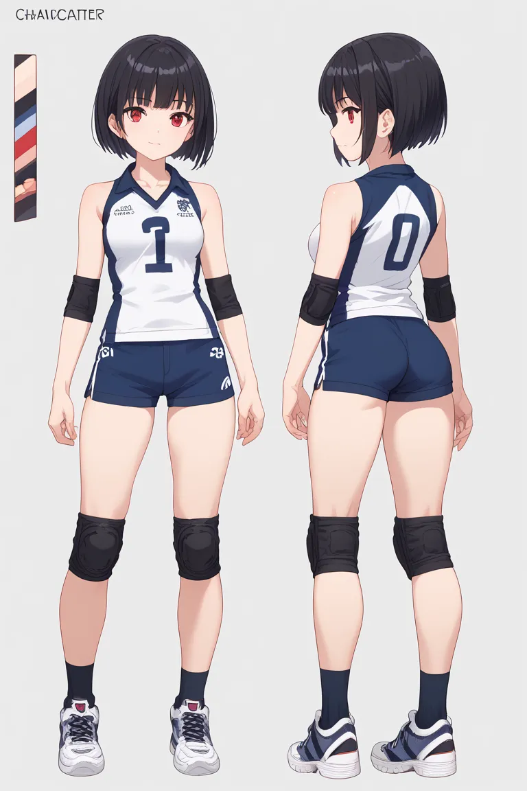 anime style,1 girl, volleyball uniform, sportswear, elbow pads, elbow sleeve, knee pads, sleeveless, shorts, short shorts,Big, round, red eyes , have small heads,Long legs,  My thighs and buttocks are firm , short cut black hair ,full bangs with bangs cut ...