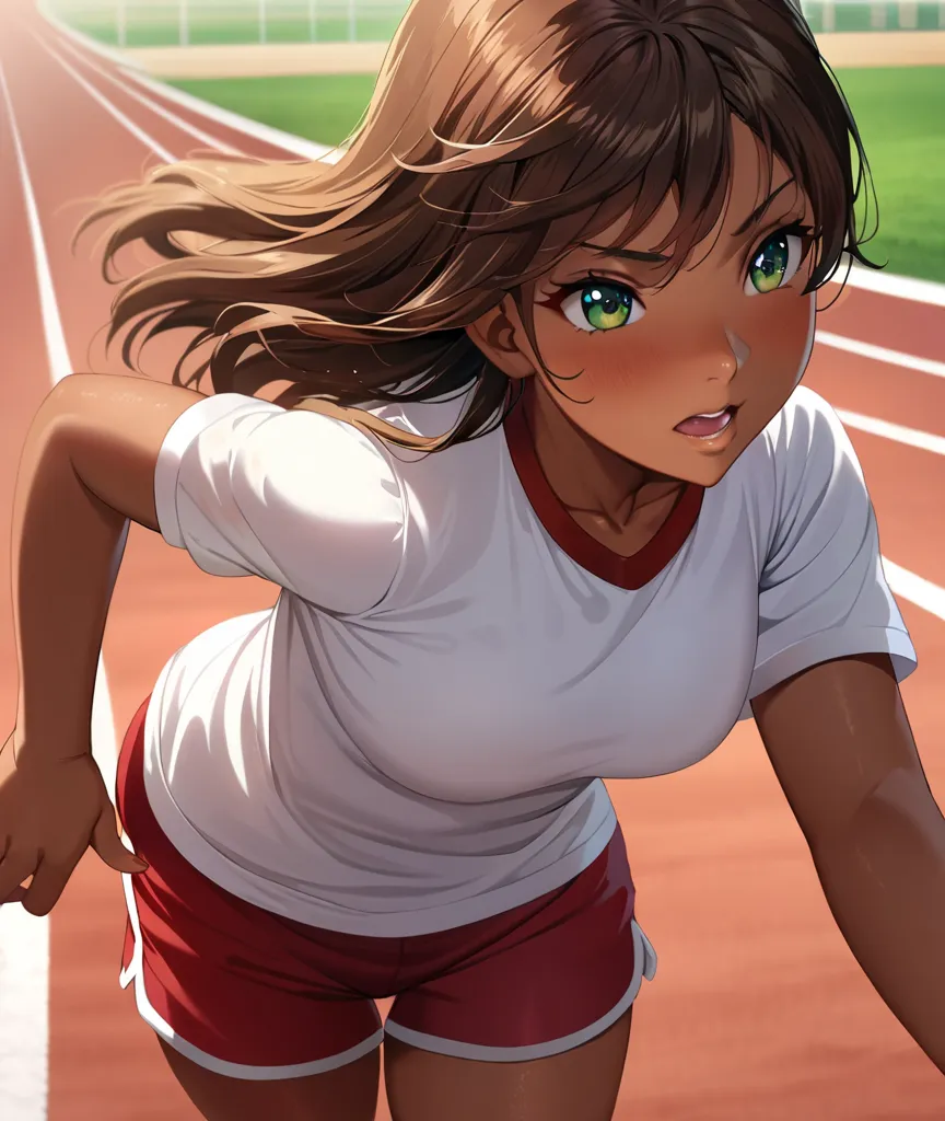 1 anime girl, white shirt, red gym shorts, cock poking out, tan skin, long brown hair, green eyes, running track background, HD, 4k, High definition, High quality, high details, Realistic lighting