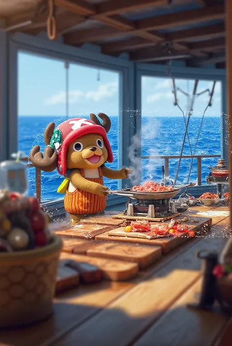 Give me some pictures of Chopper, a pirate reindeer from Luffy's crew who is cooking meat on the ship, Let the window be shown in the distance the beautiful sea in realistic style