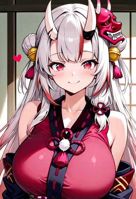 (Highest quality , 8k , masterpiece , incredibly absurdres , perfect body , super detailed skin , highly detailed eyes and face , 1 woman ) ,  nakiri ayame , Silver Hair , red eyes , demon horn , smile ,  will be happy , ( ninja , sleeveless, Heart, japane...