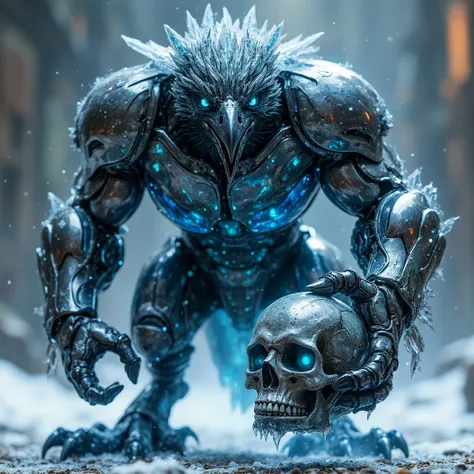 A muscular, intimidating crow donned in a shiny chrome suit, glass panels show his glowing icy blue insides. He stands in an aggressive, dynamic pose while he crushes a skull in his large hand. The feathers on his head begin to freeze. His eyes glow icy bl...