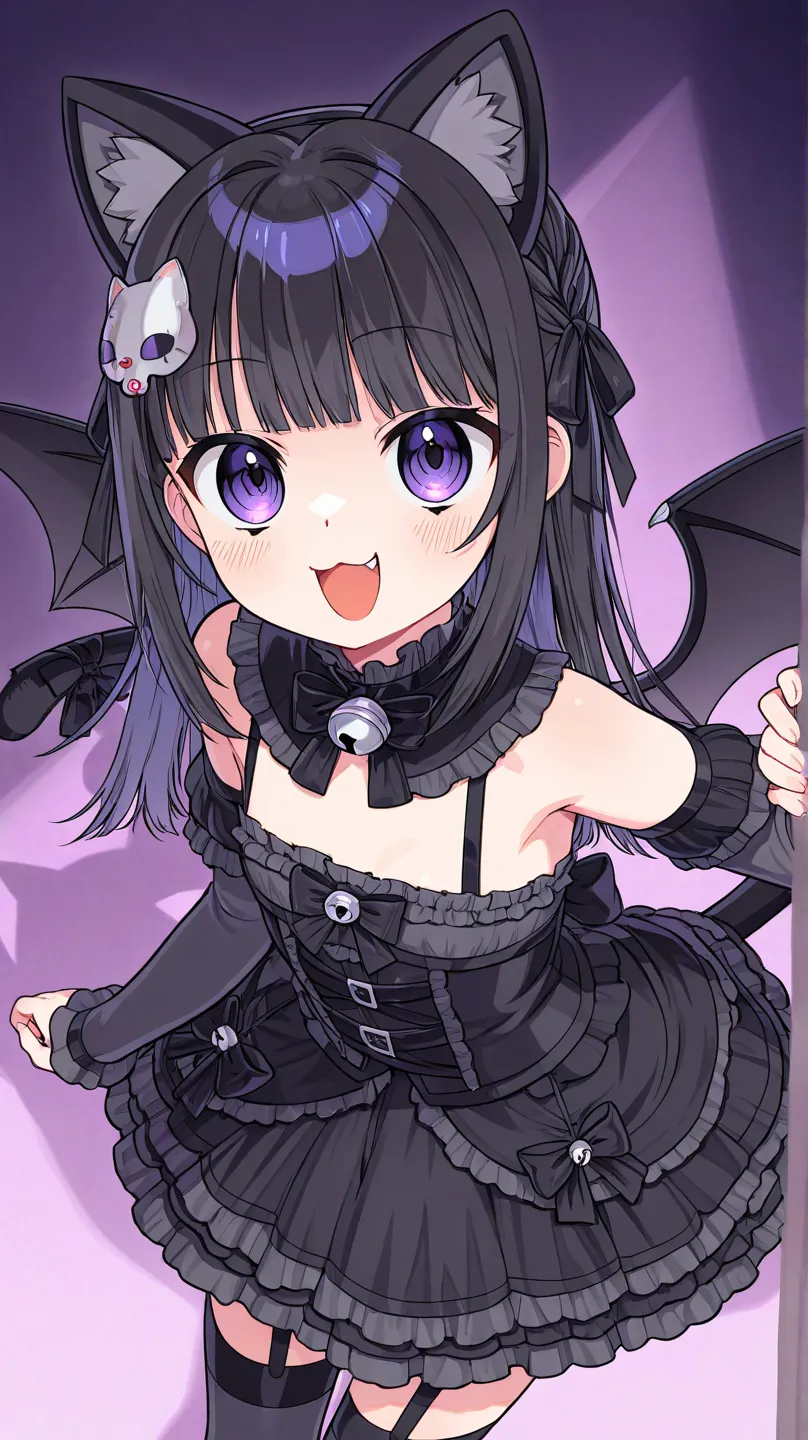 (((neko))), toddler, girl, gothic, demon, ((demon tail)), (demon wings), ((((full body))))