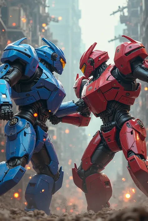 male robot red and  blue fighting each other 