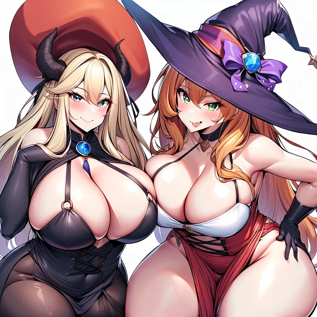  witches series, witch outfits, wizard hats, big bosom, buxom, 2 womans, curvy body, they're together, they're posing together for a photo, ((they're together Making a playful pose)), tongue out (playfully), their big bosoms ARE firmly pressed against each...