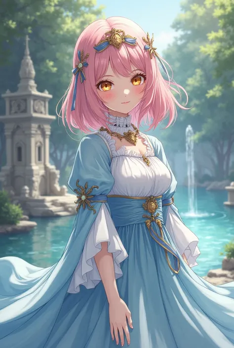 creating a girl with light pink hair slightly longer than her shoulders, golden eyes glittering needle, even with a wry smile but a cold look but suffering. Wearing a light blue and white noble lady dress in the style of anime manhwa comics. Beside the fou...