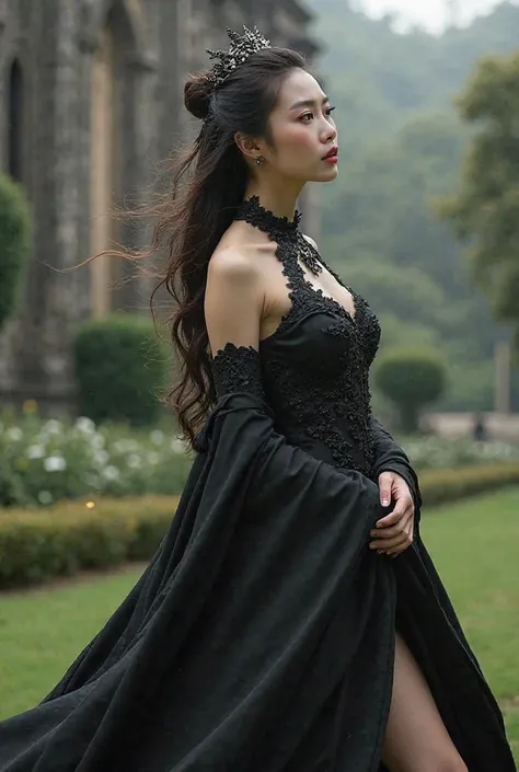 (RAW Photo), (Ultra Masterpiece), (Futuristic Medieval), (Dark Gothic), (beautiful Asian Gothic Princess), height 176cm,slim body,small natural round breasts,bra size 34B, wearing elegant and beautiful Black Fantasy Long Skirt Royal Attire (ethereal fabric...