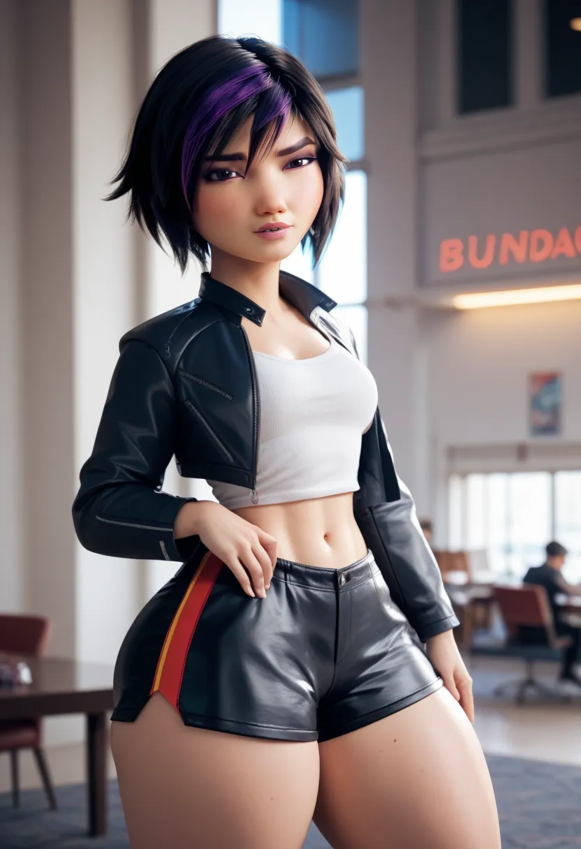  gogo tomago, short black hair, medium white blouse, black coat, thick thighs, bunda grande e sexy posando thick thighs sensuais dentro do quarto, black shorts