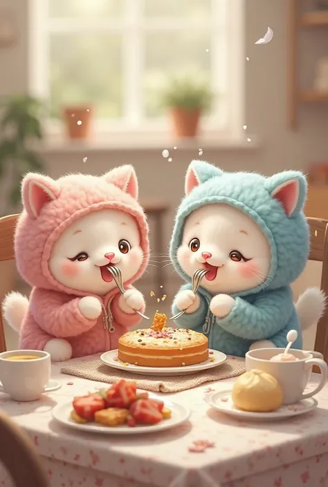 create a cute fluffy cats wearing hoodie while eating using a spoon