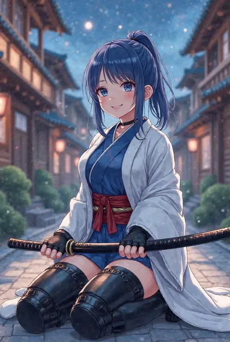 1girl. smiling.white long mantel .blue  white slitted kimono. bare thighs,samurai...heavy kneepads.holding katana.shinguards,small breast. .gauntlets.black glossy lubber thighhighboots,kawaii..loli.  , .blue hair, ponytail,kneeling, old japanese town.night