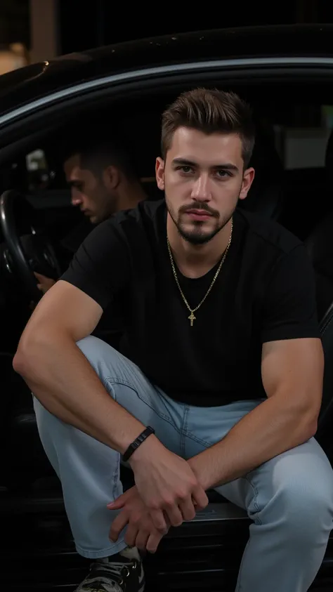 a handsome young turkish guy with muscle, dark very short hair fade and goatee he wearing a black tshirt and a light loose jeans and a thin gold chain he sit in a mercedes s coupe in black amateur photo random picture its night and location is germany he h...