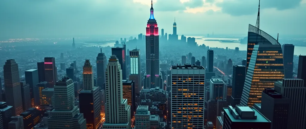 (photorealism:1.3) aerial view of New York City with a bit more advanced undertones and neon edges here and there, a little more tyrannical feel in the air, dynamically charged atmosphere