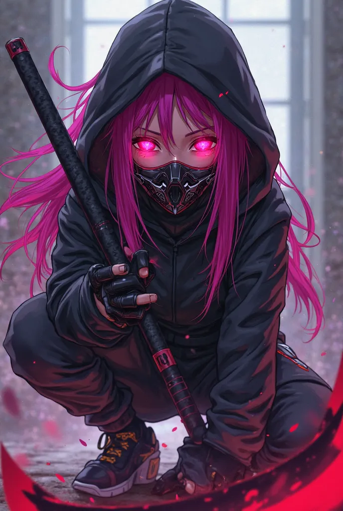 A girl with glasses, long vibrant hair, magenta hair, in gloves without gloves covering her fingers, wearing a black sweater with a hood covering her head, wearing a high-tech mask covering her mouth, squatting, holding a large red and black sickle in her ...