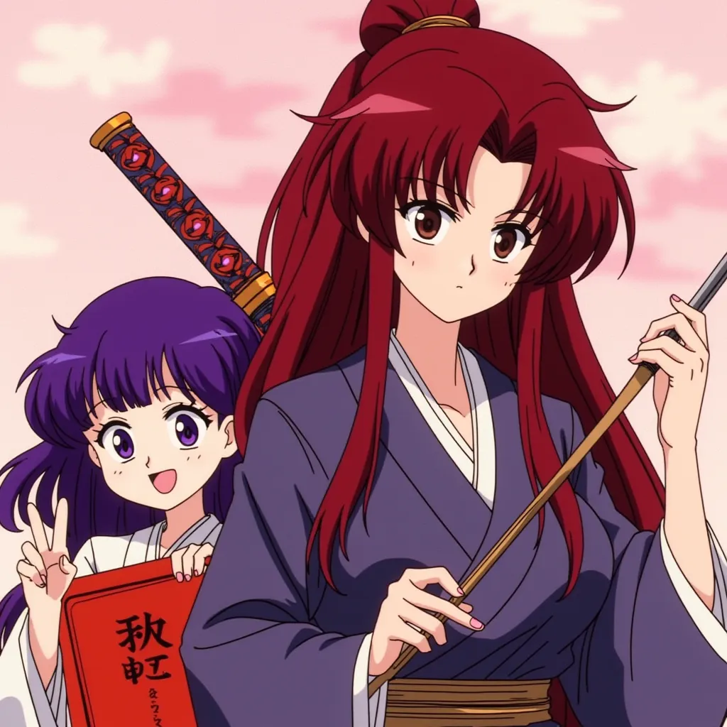 Anime Solo, 1girl, long hair, dark red hair color, "V" shaped hair bangs, Katana behind his shirt, Wearing Kenshin samurai clothes, woman, Breasts, Holding traditional Japanese red paper. with friend short purple hair 