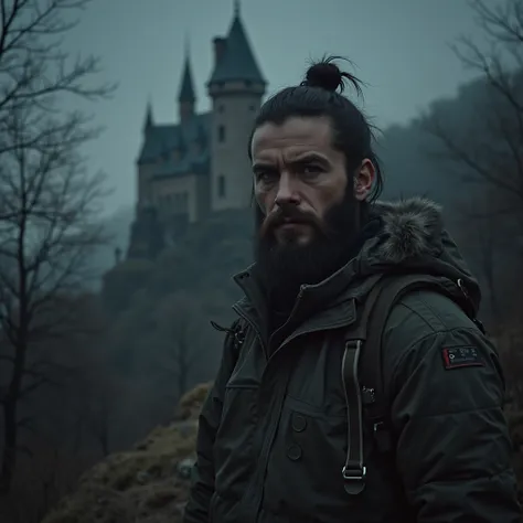 Handsome hawiian man nobeard with cold weather hiking clothing , ruined castle inspired from resident evil 4 in atmosphere of silent hill background in night , Cowboy Shot, manbun ,Serious, Looking at viewer, 