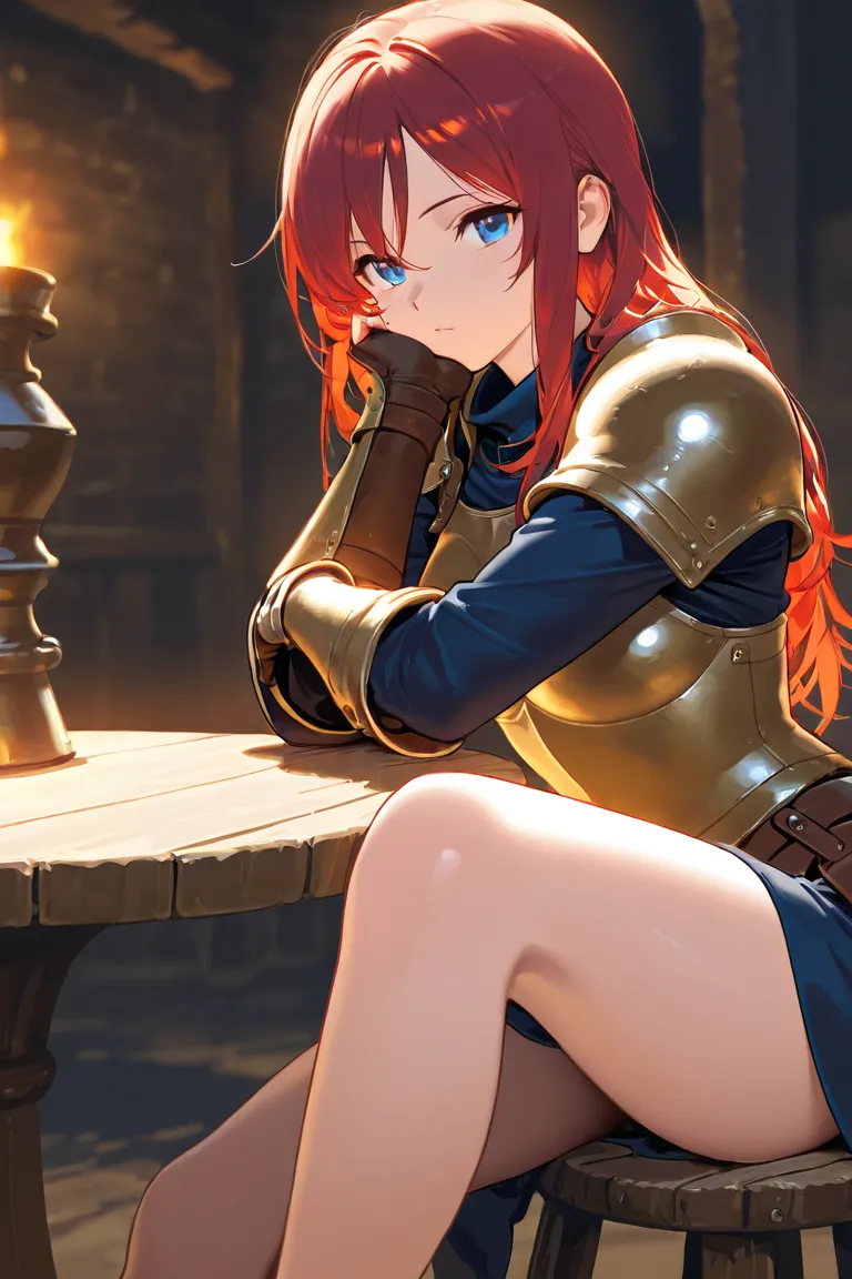  long red hair , blue eyes,wearing a bit of medieval armor,sitting at a round table,Crooked,The cheeks of the face are swollen,is cute,Slightly young