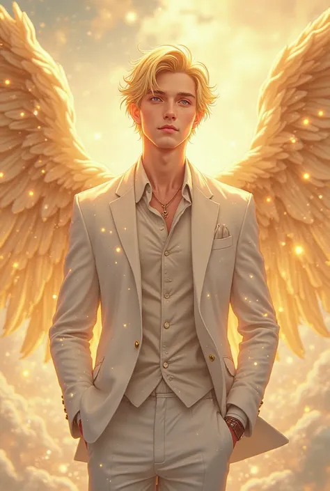 Blonde man, angelic face, golden wings, anime style, White suit 