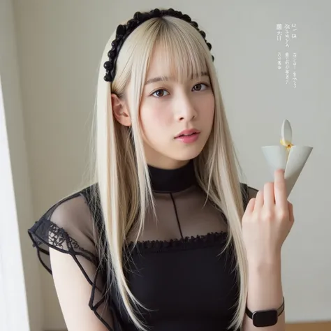 white blond、 hairstyle is straight、long hair、 idol、The hair has a different hair color on the left and right、Black maid outfit