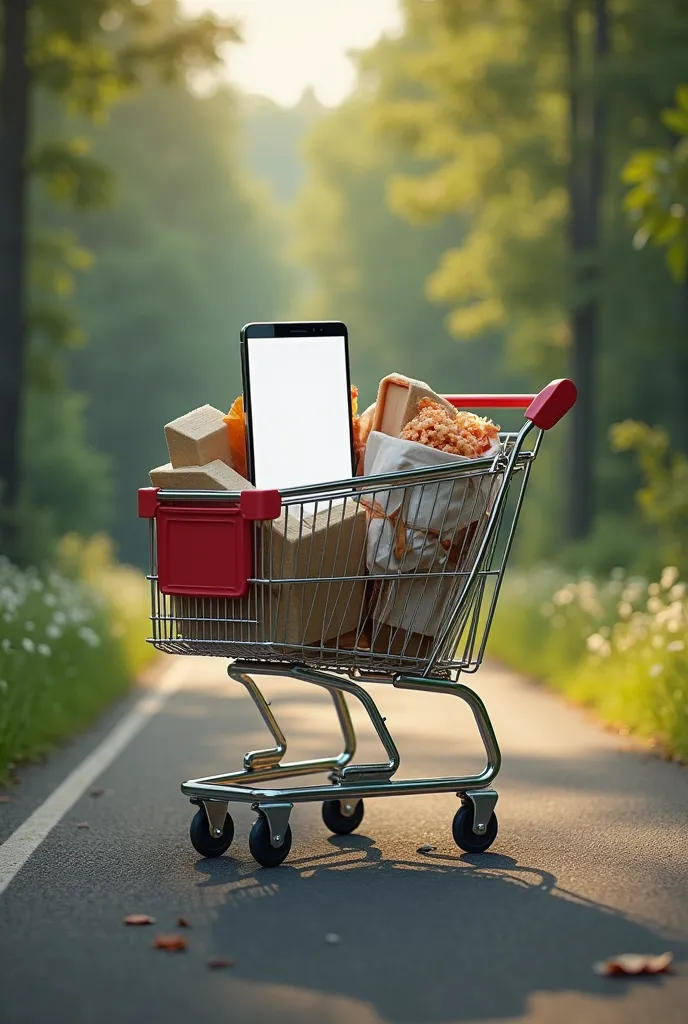 Shopping cart on road Inside the cart Phone screen with wedding invitation image mockup