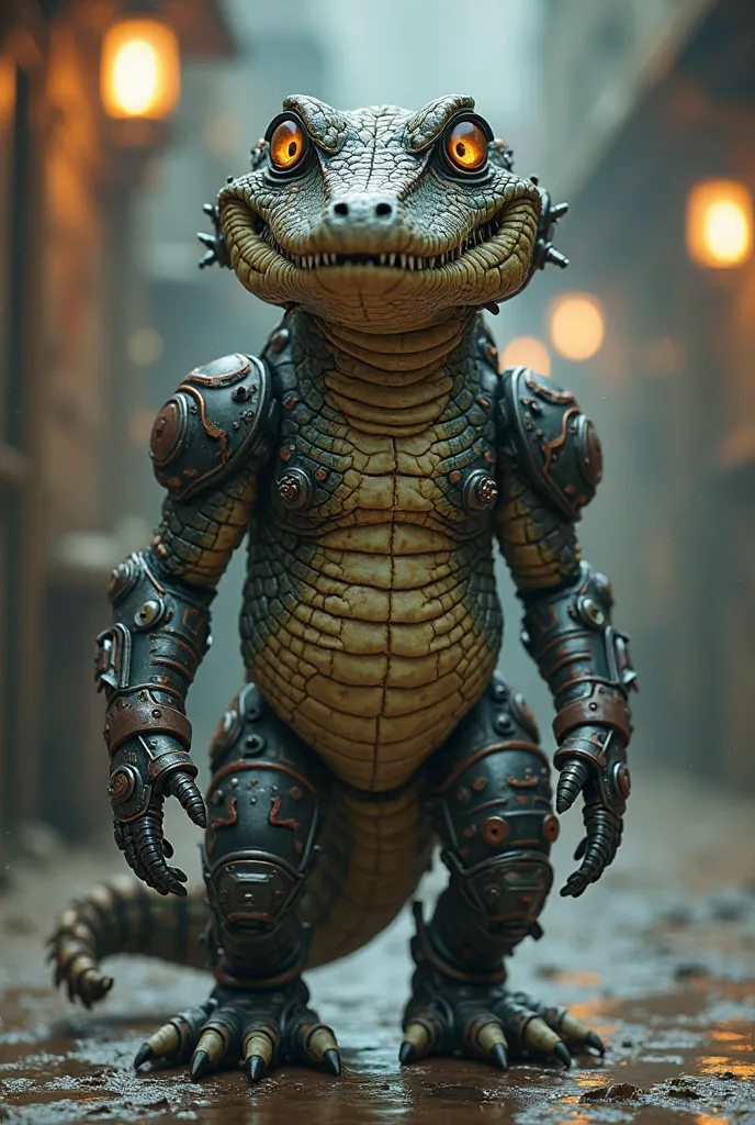 Small humanoid crocodile dressed with mechanized parts