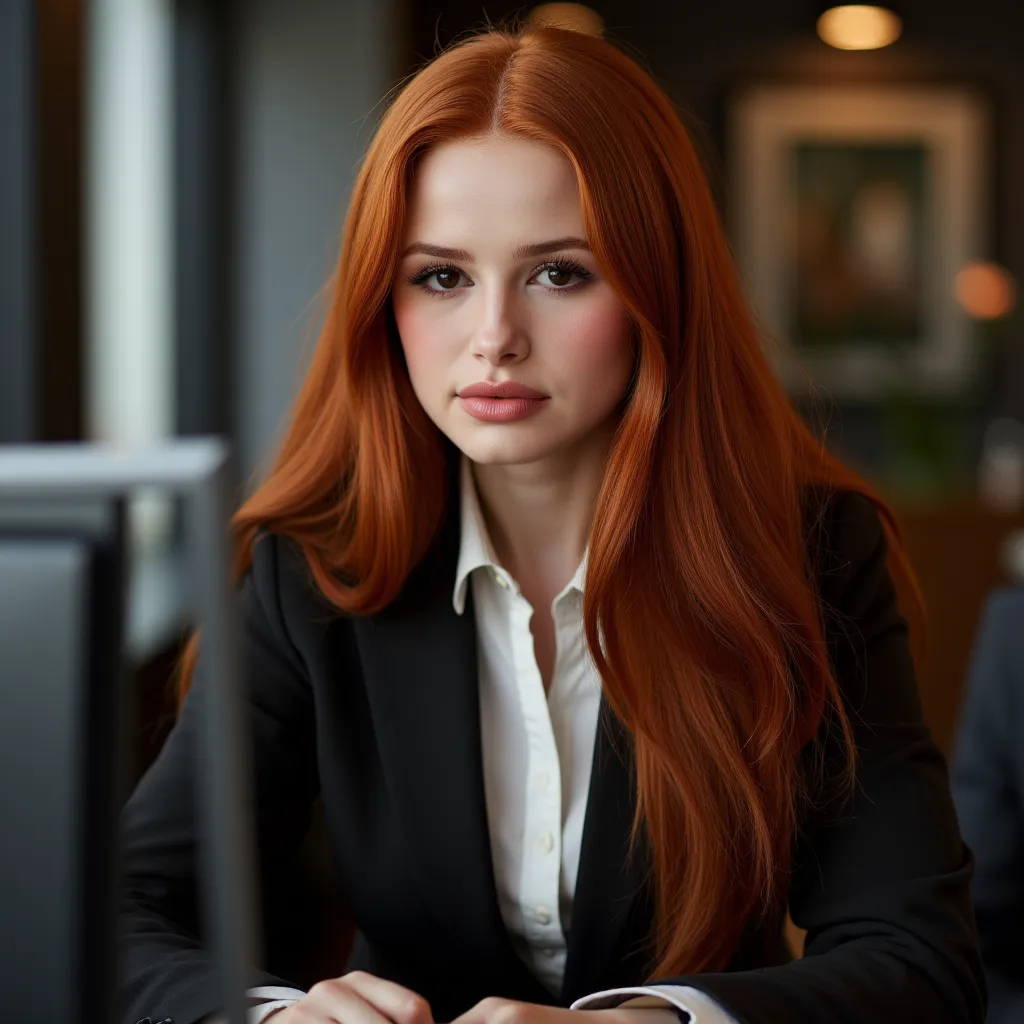 A beautiful girl with long red hair, detailed eyes, Nose, my lips, who wears a professional outfit , sitting in her office, using your computer, hp computer (the best quality,4k,8K, highres,masterpiece:1.2),computer,( Realistic,photo Realistic,photo- Reali...