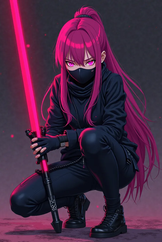 A girl with glasses, long vibrant hair, magenta hair, in gloves without gloves covering her fingers, wearing a black sweater with, wearing a high-tech mask covering her mouth, squatting, holding a large red and black sickle in her hand, anime style, neon p...