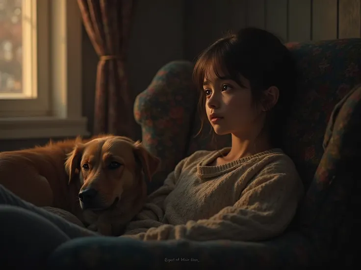  creates an image of a pretty girl,  sitting in an armchair, at night , in your house, The girl is thoughtful, At your side your dog,  dark environment, Realistic, detailed, 4K 