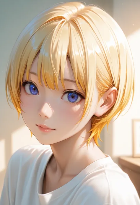 masterpiece, best quality, vibrant, very aesthetic, high contrast, photorealistic portrait,beautiful detailed face,detailed texture,detailed skin, newest, 1girl,Ichigo 100%,source_Ichigo 100%,nishino tsukasa,blonde short hair,shirt,room
