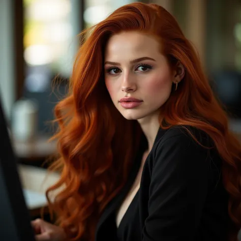 A beautiful girl with long red hair, detailed eyes, Nose, my lips, who wears a professional outfit , sitting in her office, using your computer, hp computer (the best quality,4k,8K, highres,masterpiece:1.2),computer,( Realistic,photo Realistic,photo- Reali...