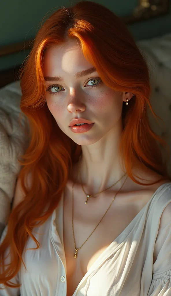 18 year old girl, long redhair with green eyes, with freckles, wearing a white outfit, With gold necklace and gold earring, Near the sofá, 4k, 8k, Photorealistic