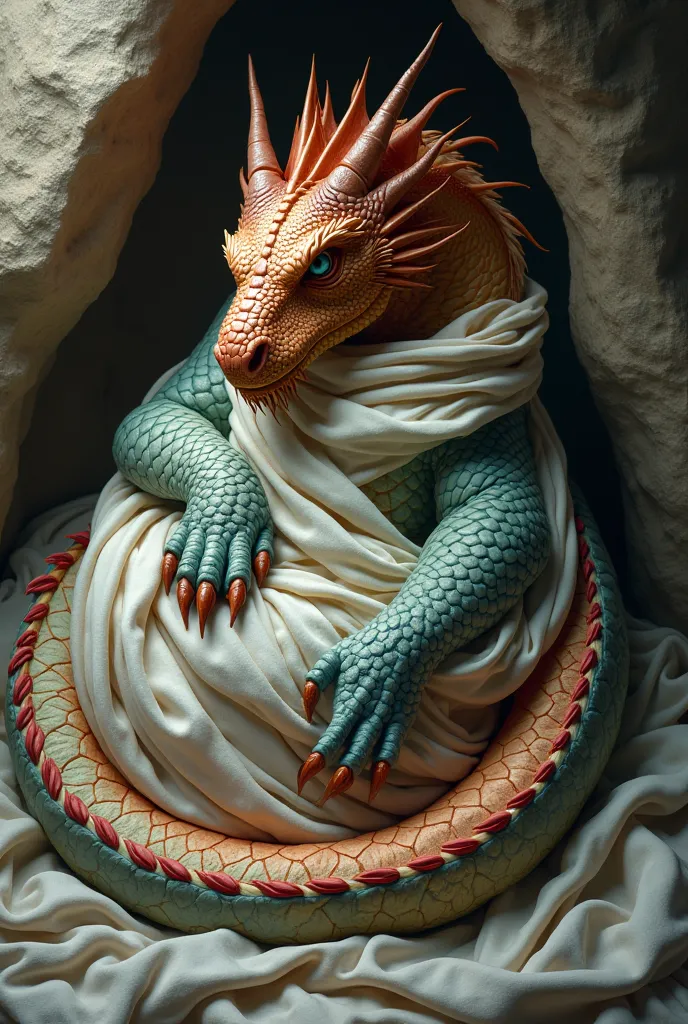 Dragon Wrapped in a Blanket or Cloth** – A fierce dragon curled up, wrapped in a soft, flowing fabric, symbolizing warmth and protection.  