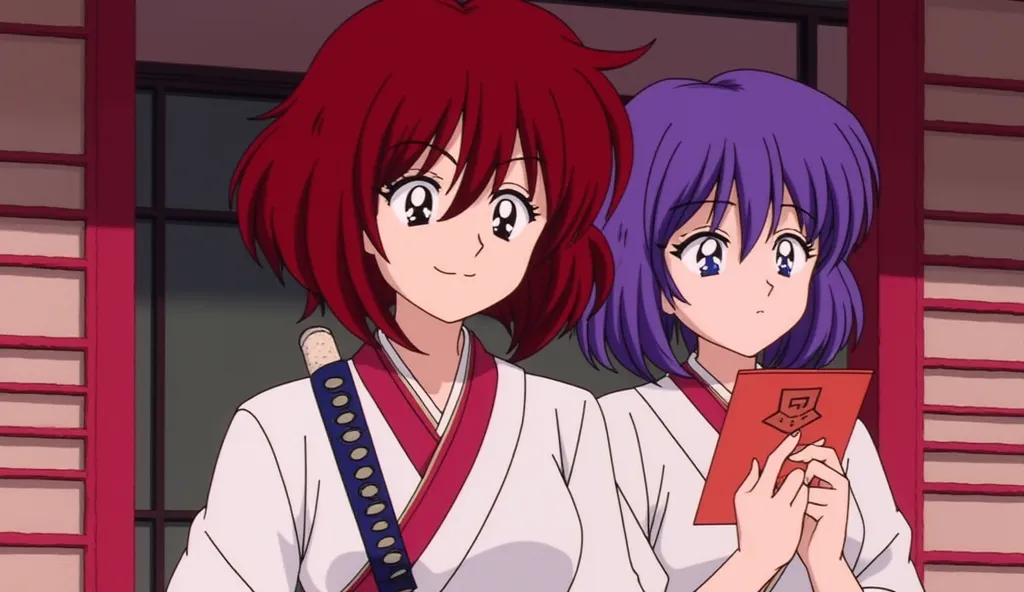 Anime Solo, 1girl, very short hair , dark red hair color, "V" shaped hair bangs, Katana behind his shirt, Wearing Kenshin samurai clothes, woman, Breasts, Holding traditional Japanese red paper. with friend short purple hair 