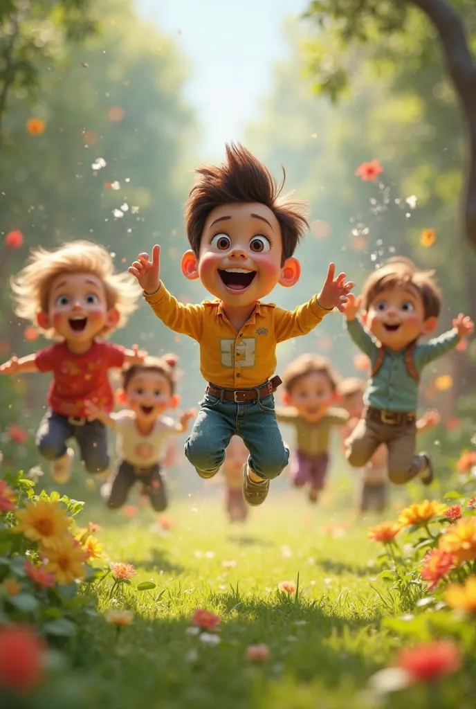 Cute, Disney Pixar, 4K "Davi jumping with enthusiasm,  her feet barely touching the ground . ren around try to imitate him, creating a scene filled with energy and happiness."