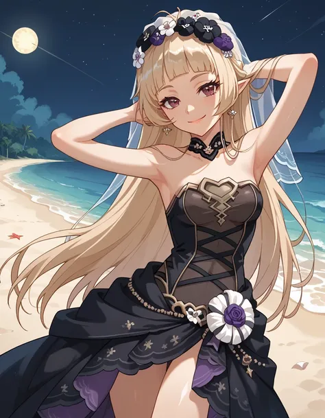 YukiCeremonial, game screencap, blond hair, long hair, bare shoulders, black dress, bridal veil, black veil, hair flower, strapless dress, anime coloring, shiny skin, high quality, solo, night sky, beach, hands behind head, ((contrapposto)), closed mouth, ...