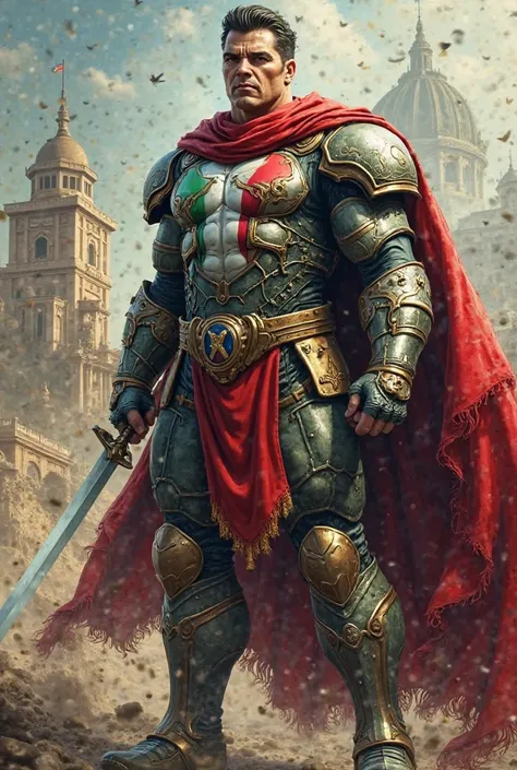 "Create an epic character representing Italy as a superhero.  His appearance , It lasts, weapons and powers must reflect the culture, History, symbols and national identity of that country. The design must be detailed and impressive, combining traditional ...