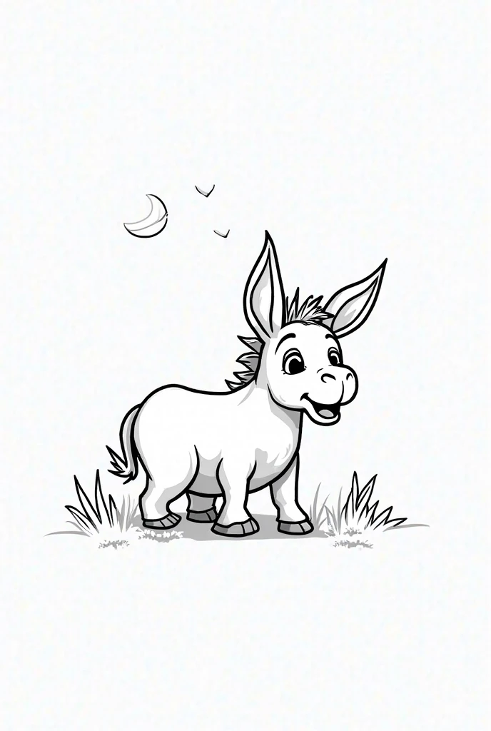 Imagine a coloring page for s featuring a fairy tale coloring page for s, a donkey, cartoon style with bold, thick lines and minimal details, set against a crisp white background in striking black and white hues, devoid of shading to allow young artists to...