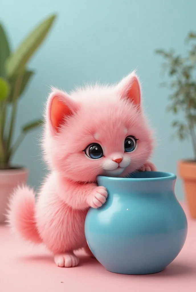 A very furry pink kitten using a blue planter