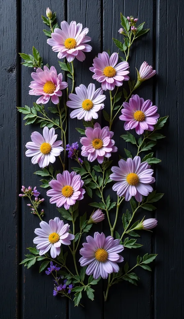 pink and purple very small chamomile pale flowers,green leaves,many petals flower on a black vertical wooden surface surface,soft art,flat lay wide view,super detailed art