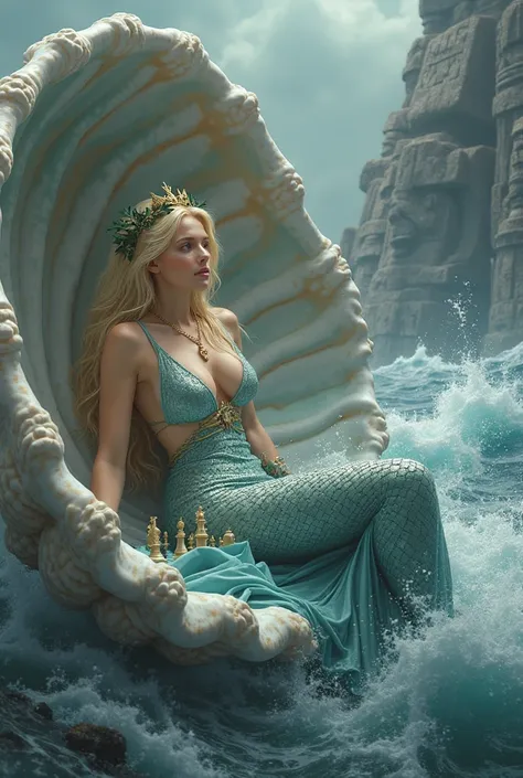 Blonde mermaid with blue tail Laurel crown sexy posture sitting in a seashell Amazon dress playing chess on giant Olmec heads and a realistic typhoon monster